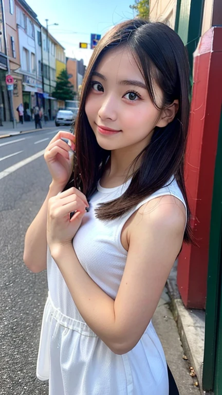 (8K、Raw photography、top-quality、masuter piece:1.2)、ultra-detailliert、ultra res、(realisitic、realisitic写真:1.37)、portlate、high-definition RAW color photography、Professional Photography、highly detailed and beautiful、ighly detailed、8K Picture Wallpaper、amazing detailed、huge filesize、Official art、Highly detailed CG Unity 8K wallpapers、highly detailed beautiful girl、ighly detailedな顔、ighly detailedな目、ighly detailedな肌、ighly detailedな指、highly detailed nose、ighly detailedな詳細な口、Perfect Anatomy、highly detailed back ground、Highly detailed clothing、女の子 1 人、(18:1.2)、、cute little女の子の面白い日本のアイドル、cute little、realisiticな体つき、小柄、de pele branca、glistning skin、Slim body、Handsome body、brown haired、Short curly hair、(Blunt bangs:1.2)、A smile、kawaii、zora々Right、kawaii faces、Lifelike face、Delicat eyes、Sauce order、White shirt、skirt by the、耳环、Looking at the camera、cowboy shot、front facing、Contrapo, high street, 动态照明,((((White nurse))))、hospitals、hospitals部屋