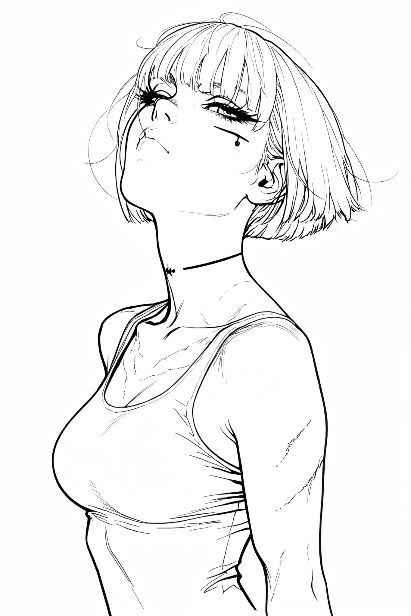 monochrome, greyscale, Line art, lineart, Timbrook, HDR, 8K, high contrast, masterpiece, best quality, amazing quality, very aesthetic, anime artstyle, realistic, newest,
BREAK
monochrome, greyscale, Line art, lineart, Timbrook, very high angle shot, looking up at viewer
BREAK
1girl, white hair, beauty mark under one eye , pout , large eyelashes, medium breasts , portrait , torso shot , bob cut , tank top, shoulder length hair , slicked back from the right side , hair over left eye . giant scars on face, giant scars on body
