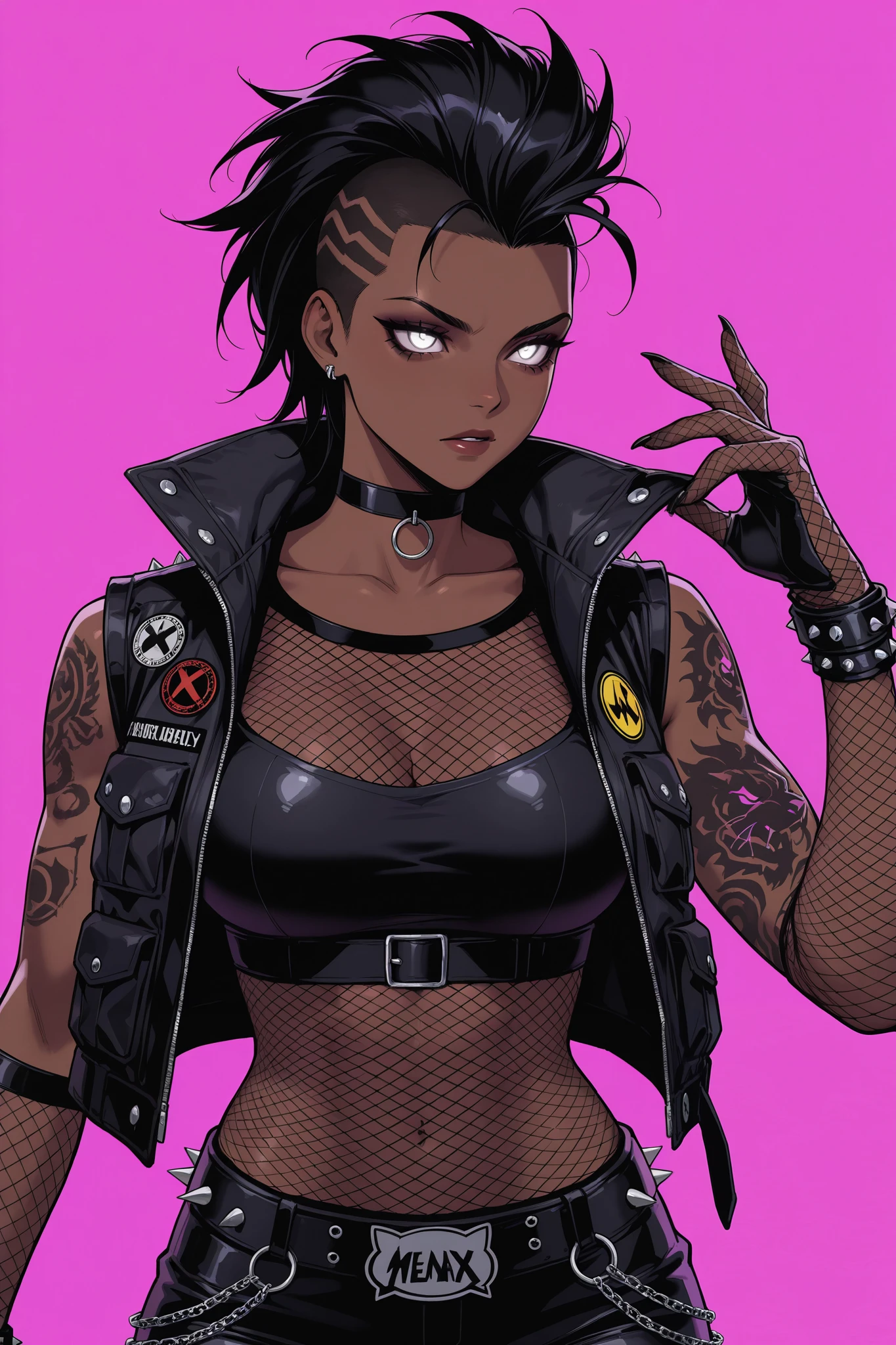 ((Black:0.5,silver:0.5,red:0.5)) Masterpiece, high quality, (brown skin girl), goth, portrait, gothic clothing(ripped jeans and revealing crop top), piercings, bedroom background, moles on face, dark orange eyes, vivid colors, studio lighting, curvy, big breasts and plump ass, biker jacket with spiked shoulder pads