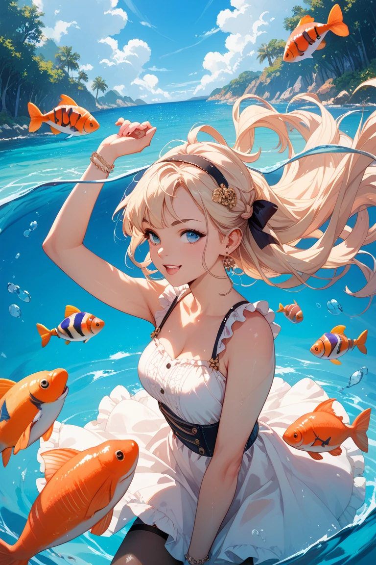 side braids, looking up, upper body, 1 girl, mermaid, floating hair, underwater, scales on her arms, coral surrounded, night, golden eyes, white long wavy hair, bubbles, jelly fish, close-up, focus body ànd face, (focus: 1.5x), blurred frame, scales bra, focus face, mature girl