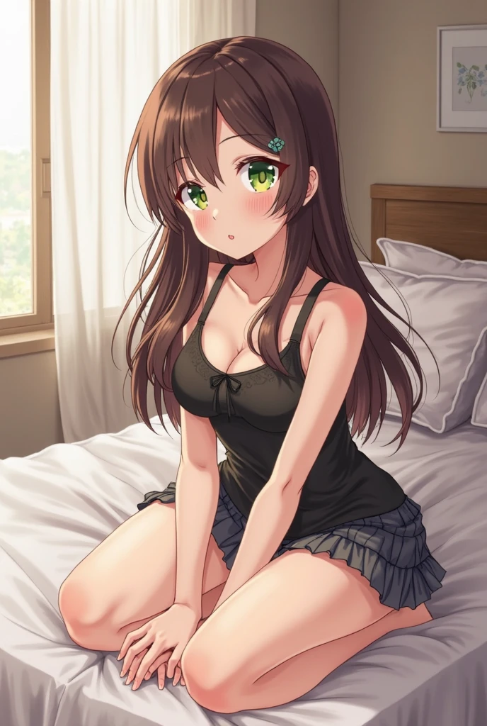long wavy hair, chestnut hair, 1 girl, emerald eyes, waving with two fingers, pink lips, pastel green dress, She is sitting naked on a bed with her legs open and on the bed are several rubber penises of different sizes and models..
