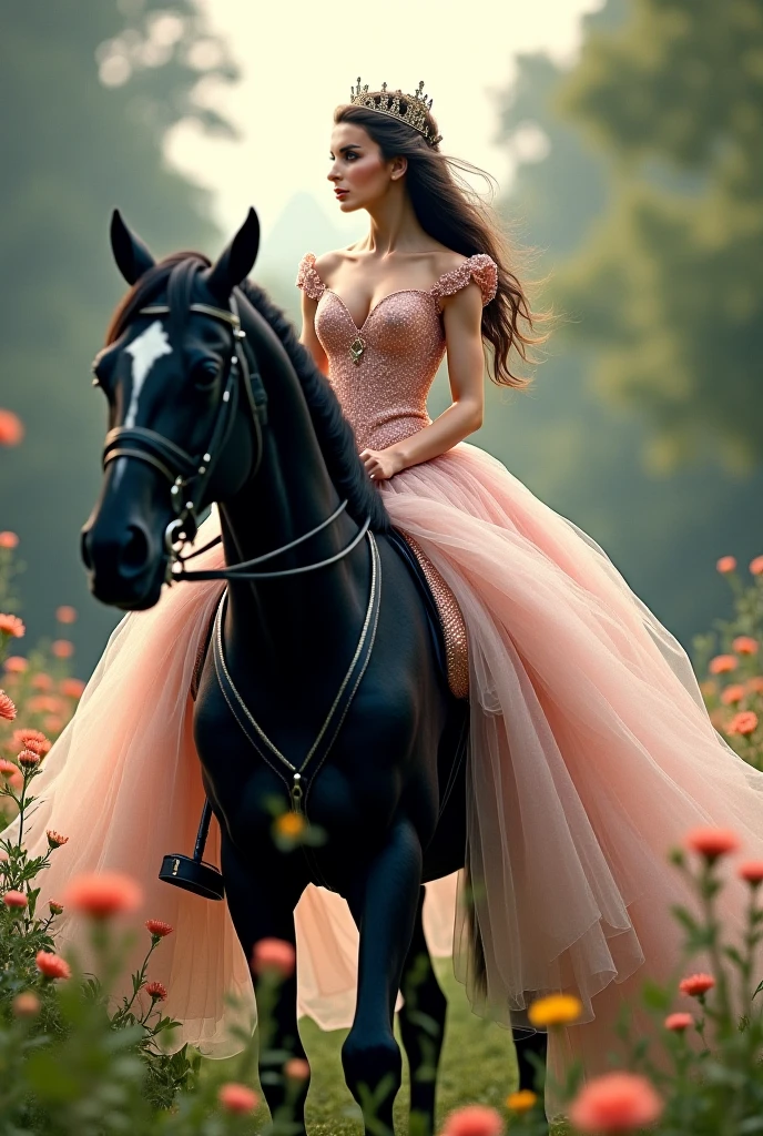 Create an image of a cute girl with cuteness and innocent with full of body figure having good boobs and curly hairs , sitting on a horse giving a flying kiss