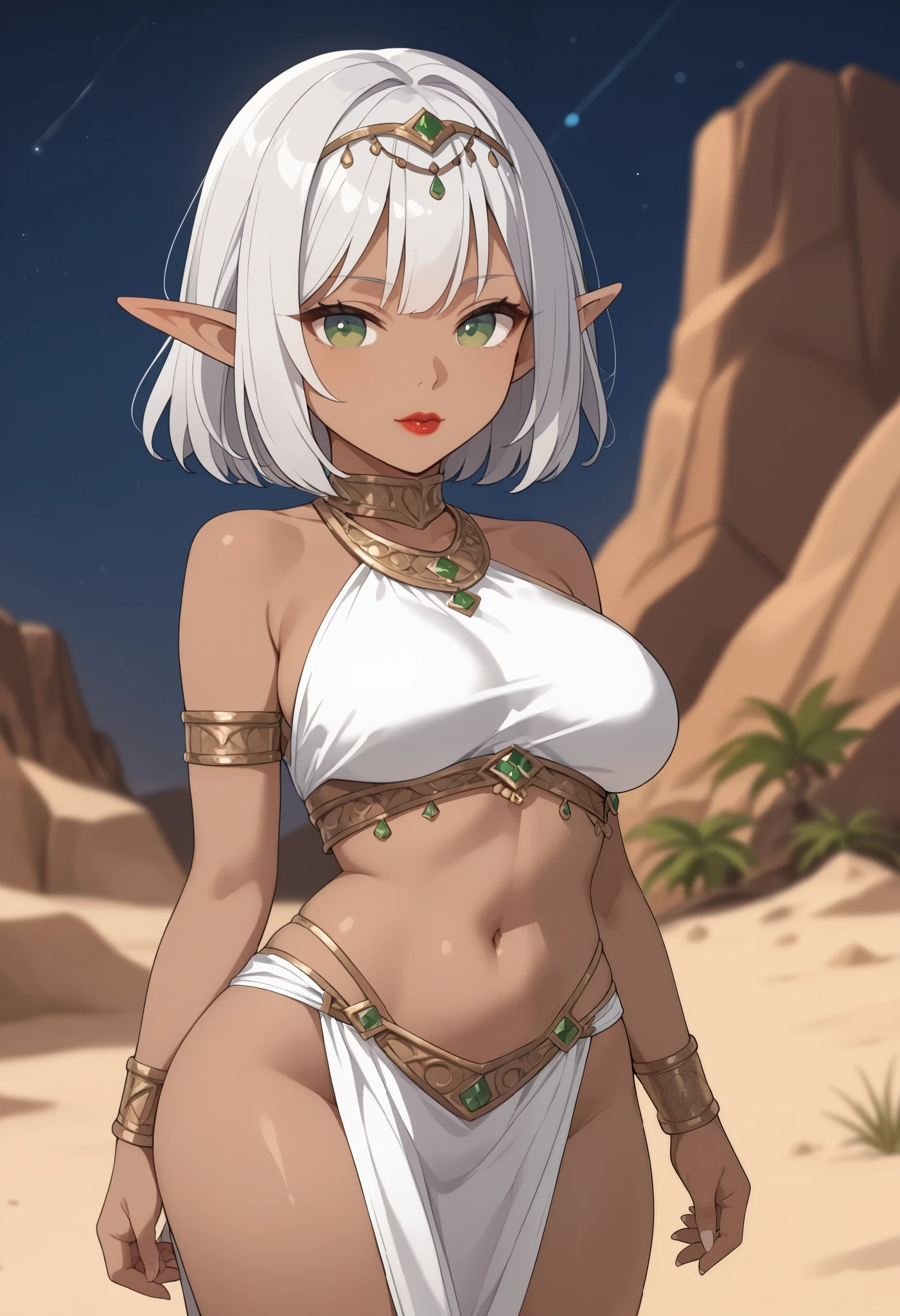 Mature woman, red eyeliner, gray sand hair, exotic tanned skin, elf ears, colorful ancient egyptian attire, bare shoulder, armlets, jewelry, head accessories, chubby, tall, big breasts, brown eyes, gentle expression, brown nipples. 