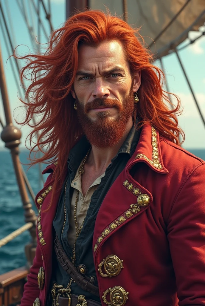 modelshoot style, (extremely detailed CG unity 8k wallpaper), full shot body photo of the most beautiful artwork in the world, young ruggedly handsome but joyful pirate, male, masculine, upper body, red hair, long hair,photorealistic photography, trending on ArtStation, trending on CGSociety, Intricate, High Detail, Sharp focus, dramatic, photorealistic photography shot on Canon EOS mark IV, f5.6, matte