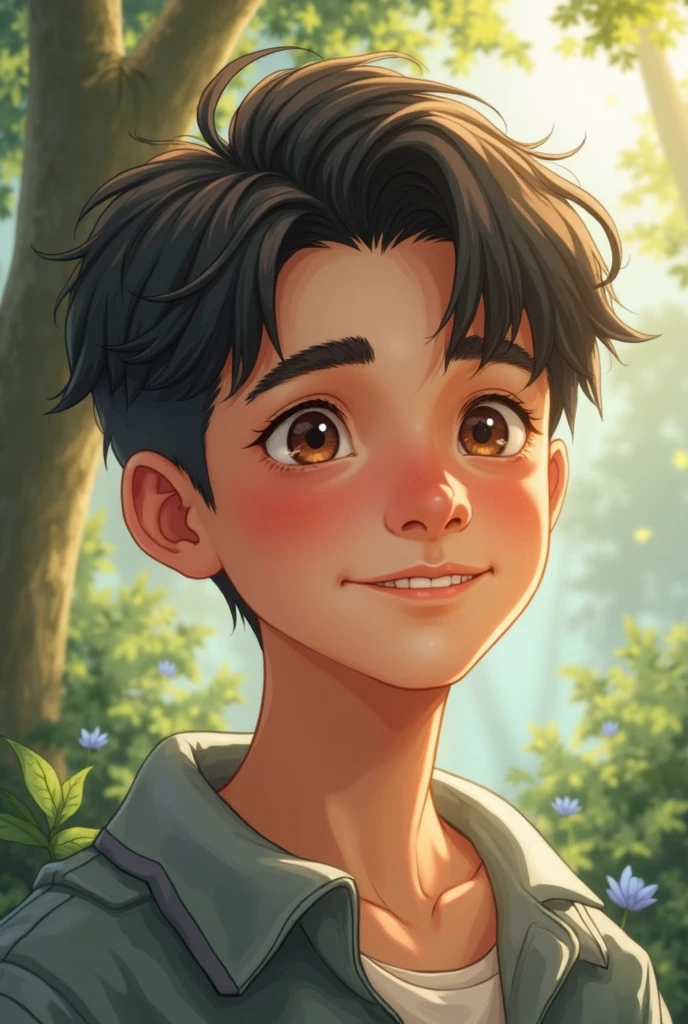 Realistic portrait of a seven-year-old boy, He wears a red shirt . His face is childish and exploratory . He goes out cautiously into the garden of the house,  A small cat is among the bushes and he touches it cautiously ,Not facing the camera,, Hair is untidy , 