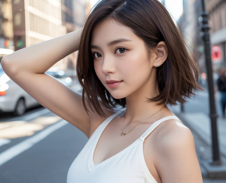 ((Highest quality, 8K, masterpiece :1.3)), Sharp focus :1.2, Beautiful woman with perfect figure :1.4, Slim Abs :1.2, ((Layered Haircut, Big Breasts :1.2)), (Tank top shirt :1.1), (street :1.2), Highly detailed face and skin texture, Fine grain, double eyelid