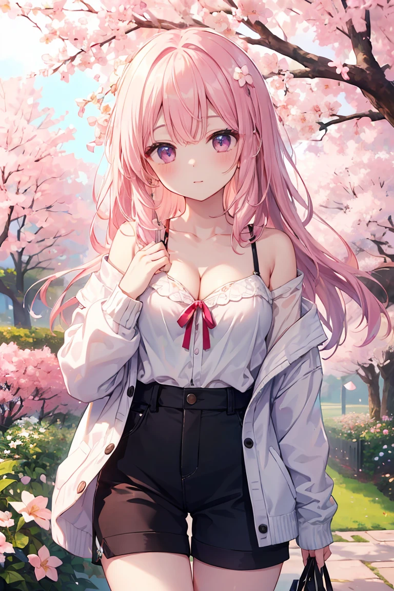 Lara Deviluke, Lara Deviluke, Long Hair, Pink Hair, tail, Ahoge, bangs, hair ornaments, (Green Eyes:1.5), happy smile, smile, Open your mouth,demon tail,Off-the-shoulder sweater,Exposing shoulders,bare clavicle,Bare neck,Heart Pendant,Shorts,Black Pantyhose,short boots,Cherry blossoms are blooming,Cherry blossoms are scattered,Cherry blossom tree-lined path,Daytime,Clear skies,
break outdoors, city,ビル街
break looking at viewer, (Cowboy Shot:1. 5)
break (masterpiece:1.2), highest quality, High resolution, unity 8k w全てpaper, (shape:0.8), (beautiful detailed eyes:1.6), extremely detailed face, Perfect lighting, extremely detailed CG, (Perfect hands, Perfect Anatomy),