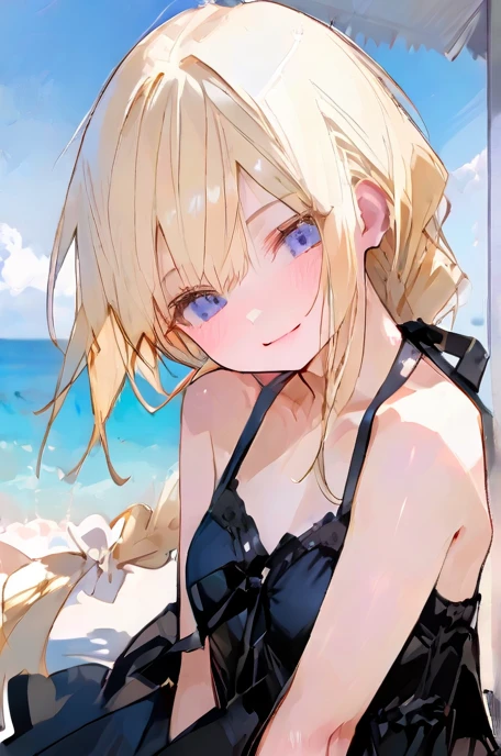 (masterpiece, best quality, detailed), 1girl, solo, outdoors, day, beach, ocean, blue sky, cowboy show, smile,
lavinia whateley \(fate\), black bikini, polka dot bow, orange bow, see-through, <lora:LaviniaV11-000003:1>