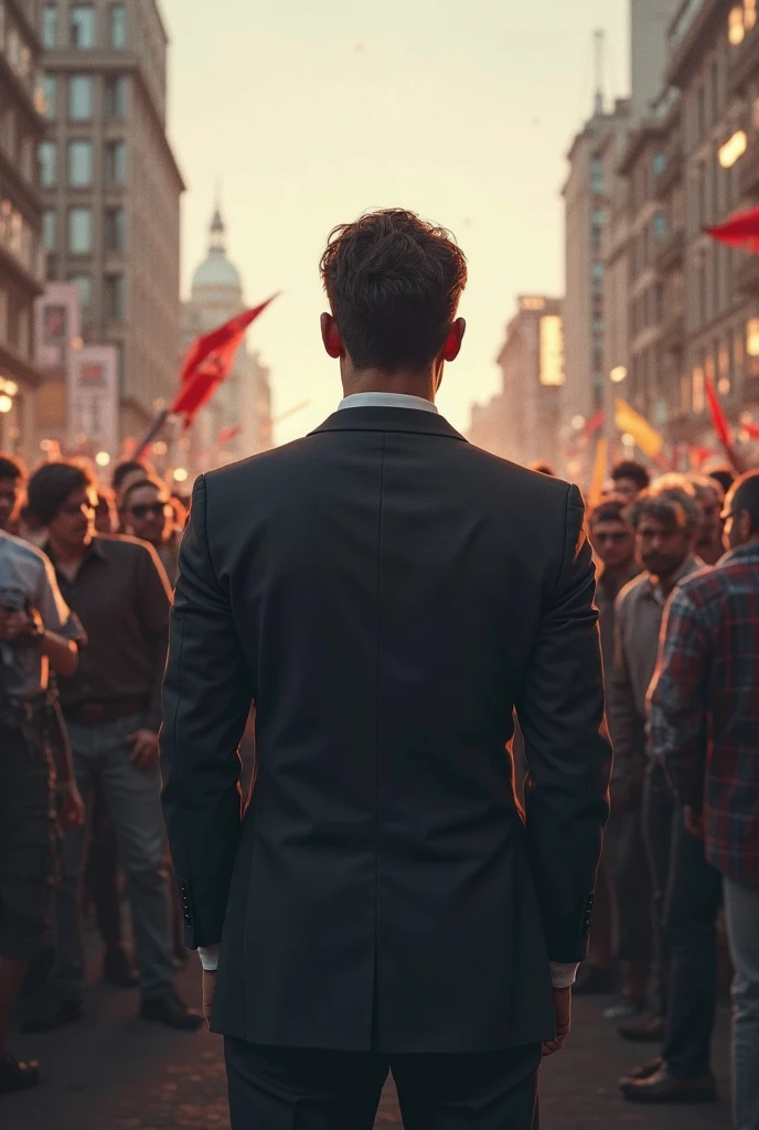Politician watching the people in the middle of the protest
