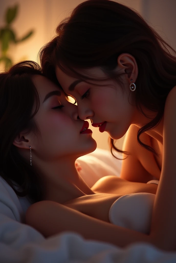 two girls, aristocracy, beautiful, slender, sexy, big elastic breasts, makeup, sexy lace underwear, sexy lace bra, sexy lace panties, sexy lace stockings, evening, sunset, caressing each other, kissing each other on the lips