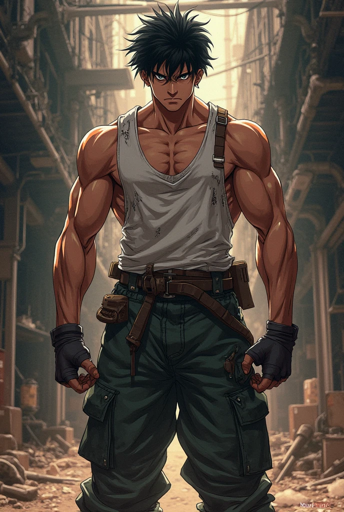 (masterpiece:1.2, best quality:1.2, extremely delicate:1.2), ((male:1.5)), a man with spiky short orange-red hair, side-parted bangs, a calm gaze, a faint smile, a mature and handsome face, dark skin, a tall and muscular build, a bare upper body, several strips of leather armor wrapped around his left shoulder and chest, wrist guards, loose beige cargo pants, standing in a massive circular arena, this character embodies a finely crafted fantasy-realist style gladiator in anime style, exquisite and mature manga art style, dramatic, high definition, highres, ultra-detailed, ultra-fine painting, professional, perfect body proportions, golden ratio, anatomically correct, symmetrical face, extremely detailed eyes and face, high quality eyes, creativity, RAW photo, UHD, 32k, Natural light, cinematic lighting, (masterpiece-anatomy-perfect:1.2)