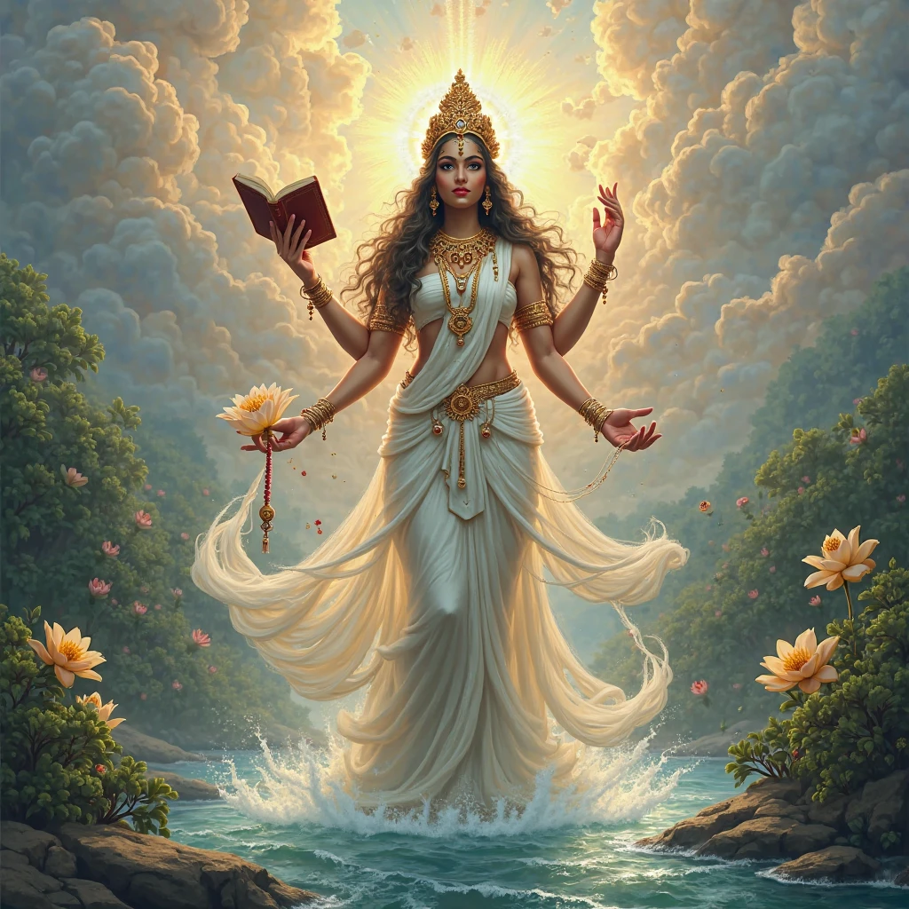 Goddess ganga in white and blue printed saree, four arms, divine look, three eyes, carrying, conch, lotus 