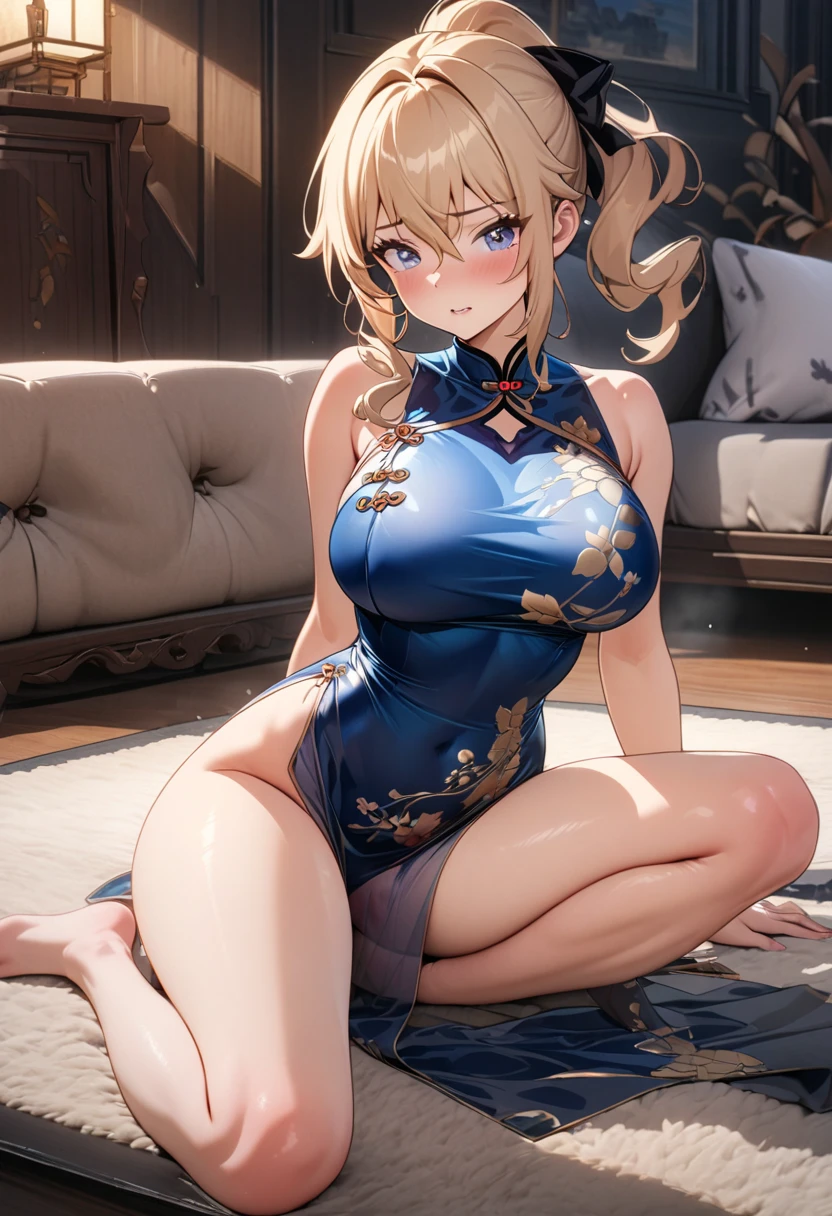 1 girl,highest quality,Super high quality,Ultra-high resolution,anime characters,beautiful eyes,Detailed contours,sweat all over,blonde,beautiful big breasts,smile,underboob,Angle from below side,open your mouth,Hide only the nipples,beautiful feet,my nipples are erect,cleavage,China dress,Belly exposure,blush,sit on the bed,18 year old female,A chest that is about to burst,Doggy,