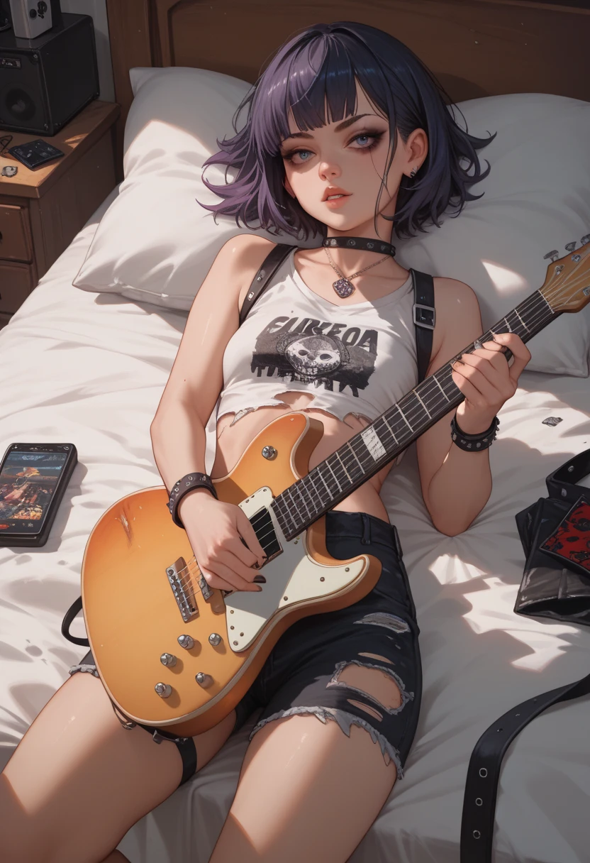 score_9, score_8_up, score_7_up, Japan Female, (black medium hair), lovely, playing guitar inside window in bed, Proportional body, perfect body figure