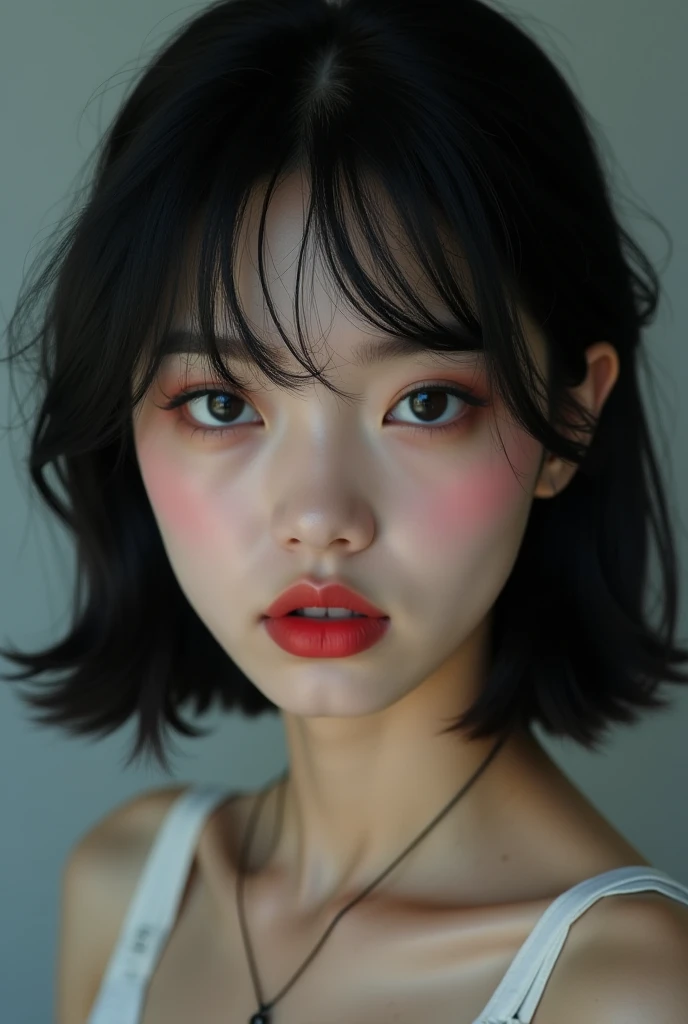 Hello create an image for me of a real-life skinny Korean girl with douyin makeup,  short straight black hair , blue eyes 
