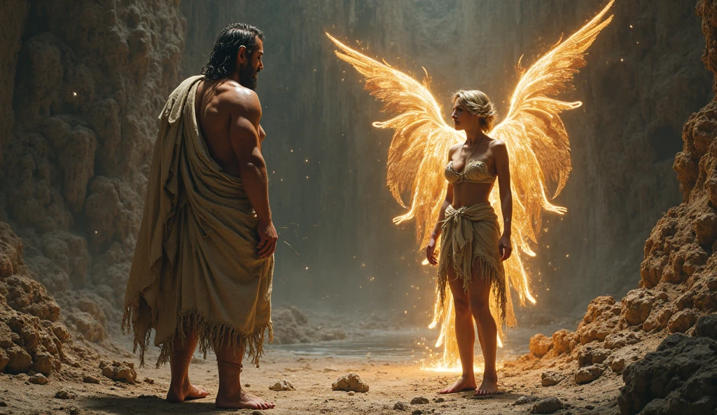 the goddess athena and the god ares fighting on a planet of fire and thunder both looking beat up from a fight. blood and sweat