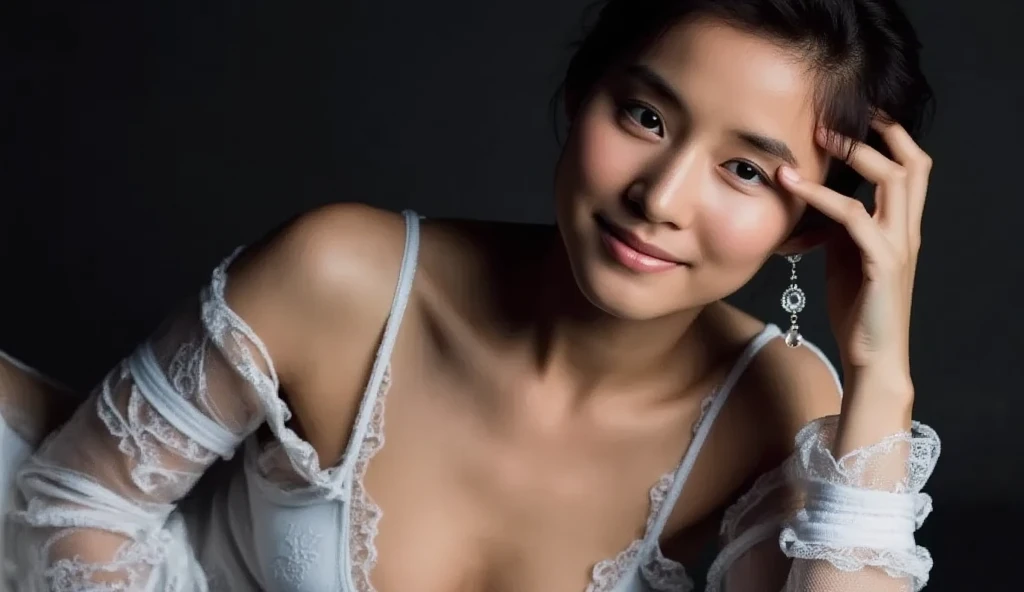 Beautiful 20 year old woman。she is wearing a satin camisole。Lace on the chest and hem.。She looks ecstatic 。she is smiling and winking. her dark brown hair、High resolution、masterpiece、highest quality、Head w:1.0、((Hasselblad Photos))、fine skin、fine knit、(movie lighting)、clavicle .