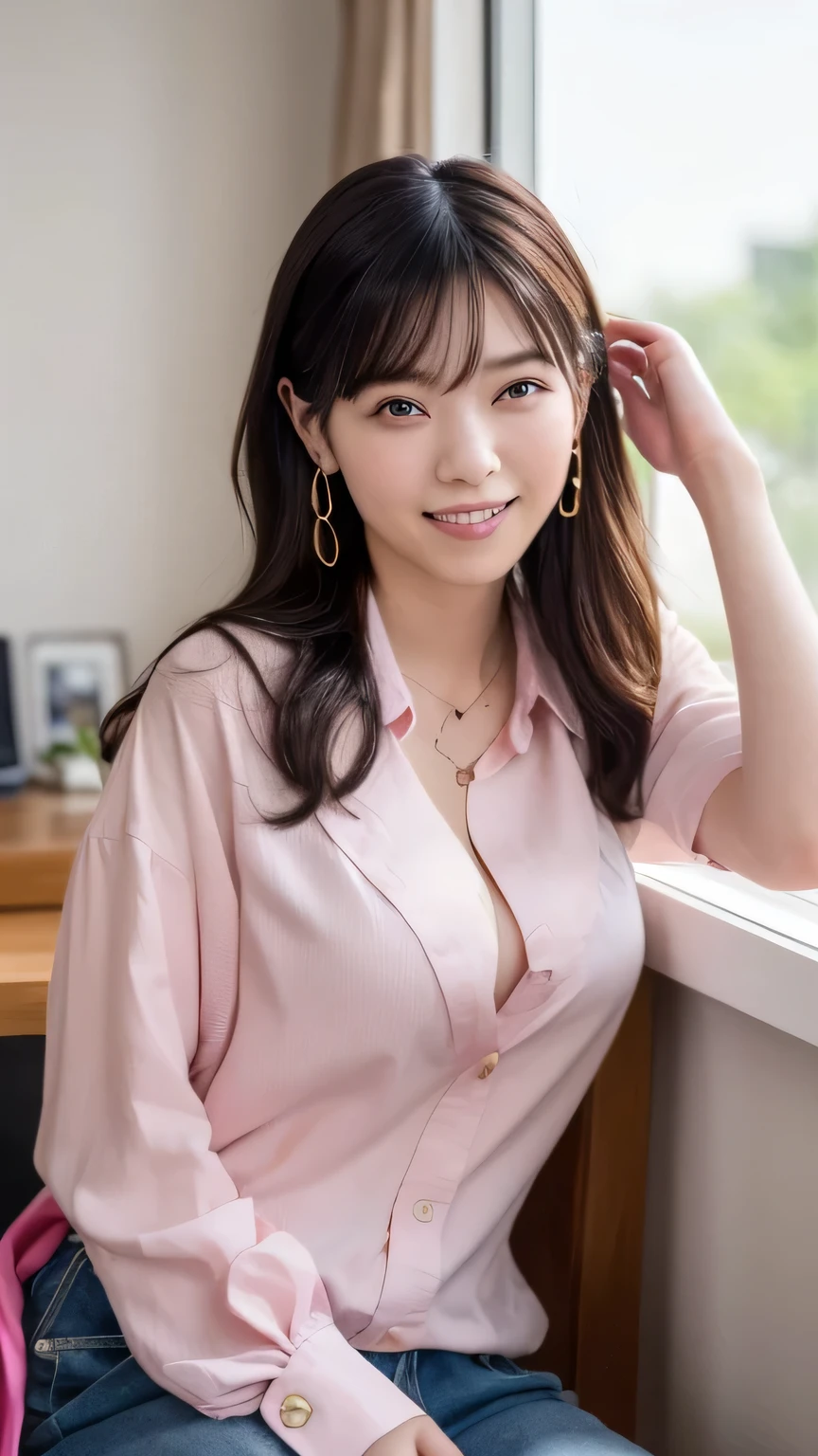 masterpiece、highest quality、8k，Ultra-high resolution、RAW Photos、Ultra-high resolution、日本people、beautiful girl、１people、woman, (Braided top knot,Twisted Side Part Ponytail Braided Headband,Half Up、Braided Space Van,Voluminous fishtail braid,Twisted pan),(Asymmetrical bangs)、 (Ultra-realistic),Round face、 Fine and beautiful eyes、double eyelid、Thin eyebrows、(eye shadow(Shrimp brown))、Rich dreamy make-up、Thin lips, (Loose fitting blouse)、 (Micro Mini Skirt(bright pink color))、A kind smile,  Professional photography, Cinematic Light, (Very beautiful face: 1.2),(Large Breasts:1.2)、Saggy breasts、Cleavage、Exposed thighs、Voluptuous thighs、Smooth calves、、daytime office、In front of the computer、sitting in an office chair、Head to knee photo