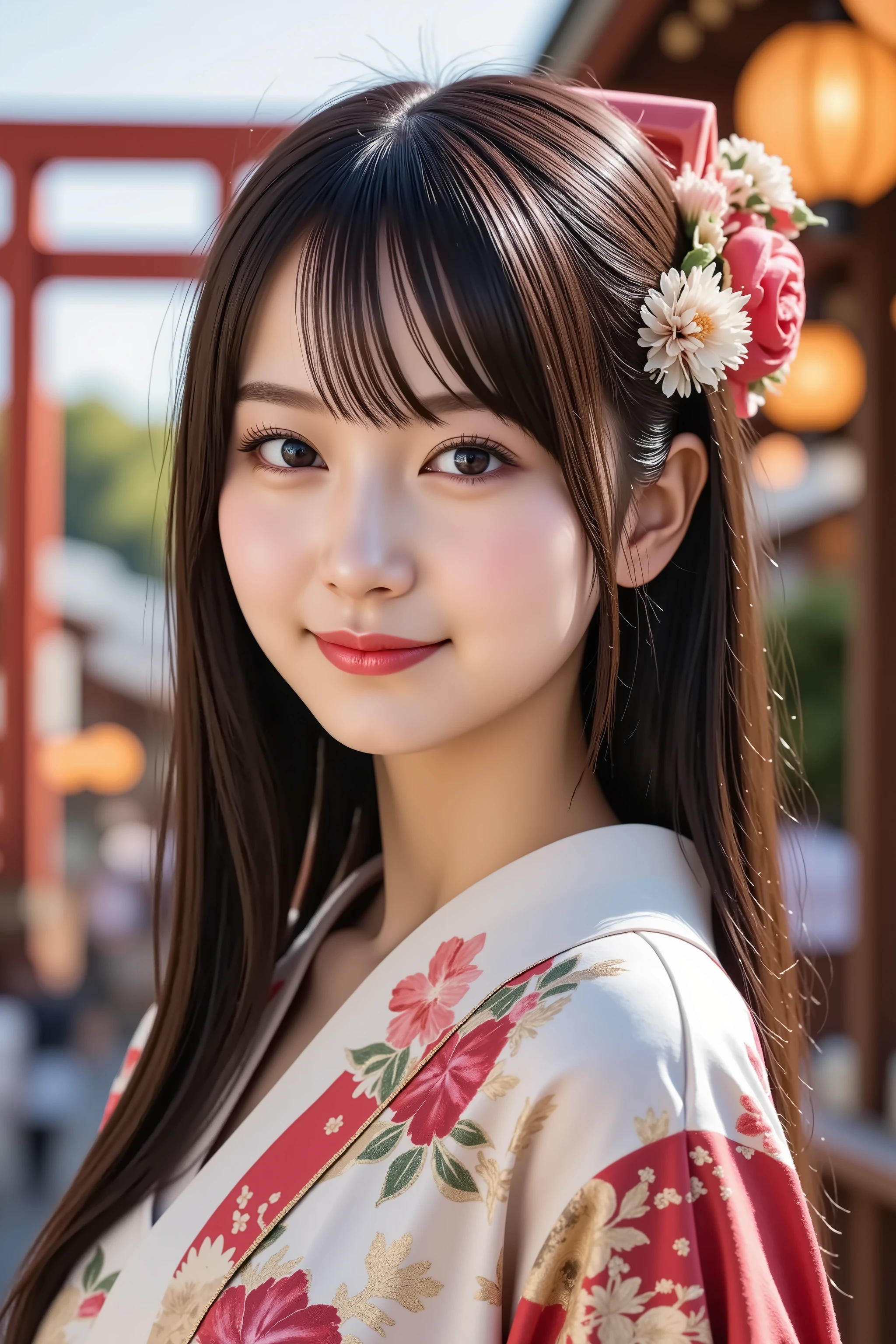 A highly detailed and ultra-realistic digital illustration of a beautiful young Asian woman, explicitly framed from just above her chest upwards, fully capturing her entire head, including the crown and clearly visible hair whorl. The composition ensures her facial features are perfectly centered, with clear, Radiant Skin, softly blushed cheeks, and a bright, open smile revealing her teeth, giving a warm and joyful expression. Her naturally pink lips are slightly parted, showcasing a friendly and inviting smile. Her large, expressive eyes sparkle, enriched with delicate eyelashes and subtle, elegant makeup, enhancing the liveliness of her joyful expression.
Her straight, sleek black hair is gracefully styled into an elegant updo, adorned with an exquisite kanzashi hairpin featuring delicate floral designs, adding a touch of traditional Japanese beauty to her appearance.
She wears an exquisite, traditional Japanese furisode kimono, adorned with intricate patterns of cherry blossoms and elegant golden embroidery, showcasing rich cultural aesthetics. The long, flowing sleeves add depth and grace to her appearance, while a vibrant obi belt with intricate detailing enhances the authenticity of her attire.
The background is a lively Japanese festival scene, filled with glowing paper lanterns, vibrant red torii gates, and bustling festival stalls selling traditional street food and colorful decorations. Soft bokeh lights from distant festival lanterns create a warm, immersive ambiance, while a subtle golden glow highlights the intricate patterns of her kimono. The festive setting enhances the celebratory atmosphere, immersing the viewer in the rich tradition and beauty of a Japanese matsuri.
The overall image is crystal-clear, hyper-detailed, and rendered in stunning 8K resolution, ensuring breathtaking realism and depth.bun hair
