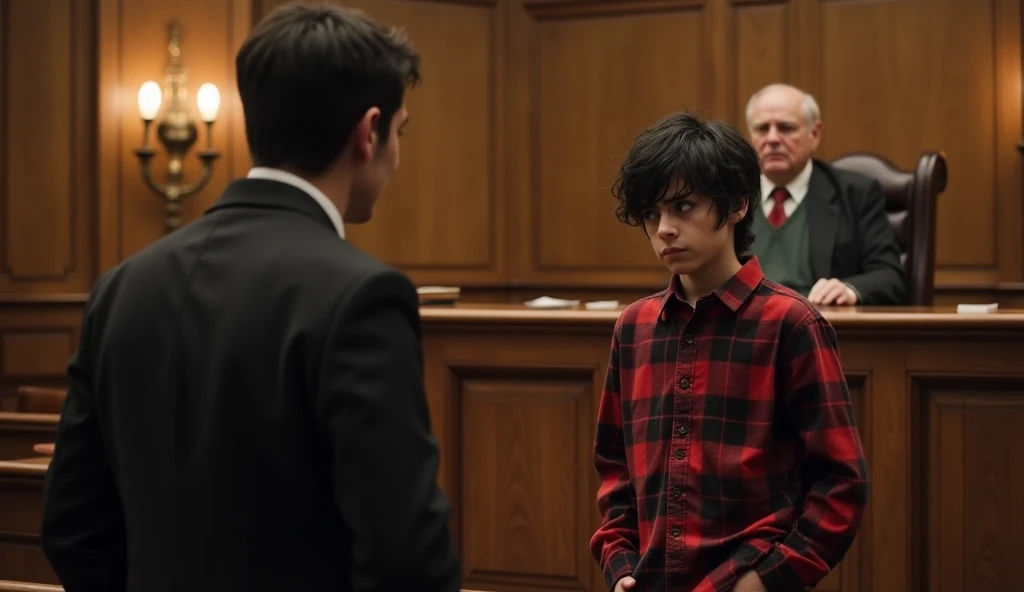 The tense courtroom fell silent, all eyes on Judge Percival Finch, an older man with a stern gaze, sitting high on the bench, looking down at a red-and-black plaid-shirted age boy standing before him with messy black hair and his hands in his pockets.
