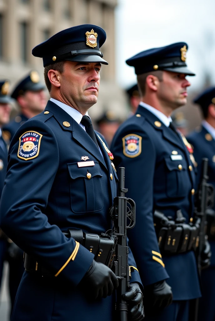 group of police officers, battalion, saluting the city mayor