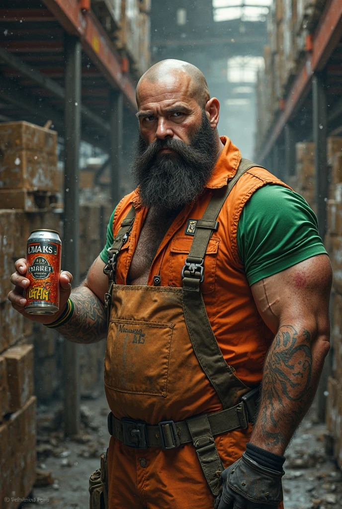 Homme avec une climatisation de la marque daikin sur l'épaule gauche et une heineken dans la main droite il es musclée et a une barbe de viking