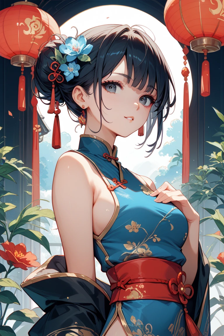 （best qualtiy，tmasterpiece：1.2），超高分辨率，realisticlying，Front lighting，Complicated details，Exquisitedetailsandtextures，（1girll），独奏，The upper part of the body，red color Hanfu，Petal pattern，Nice big eyes，Red dress，beauitful face，facing to audience，Streamers，gossamer，（年轻），Facial highlights，Detal Face，tear-mole，white skinned，Silvery hair，High ponytail，looking at viewert，largeeyes，（Openwork pattern），耳Nipple Ring，slimfigure，white backgrounid，correct hand，profesional lighting，photon maping，Radio City，physically-based renderingt