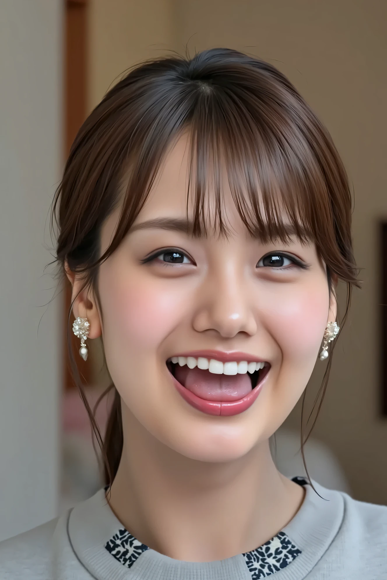 ((( high definition , top quality, very detailed, masterpiece , high-definition detailed photos , realistic , Real people々 , Super precise skin ))) , , ( from before ) , Full Body , Pre-shot , viewer , ( giggle face , open mouth wide . stick out the tongue ) , { wear a sports bra and denim shorts : 1.8 } , black hair , medium hair , medium breasts , { lying on her back, from the side : 1.8 } , dark time at dawn , (( keep your hair behind your ears : 1.8)) , { nsfw },