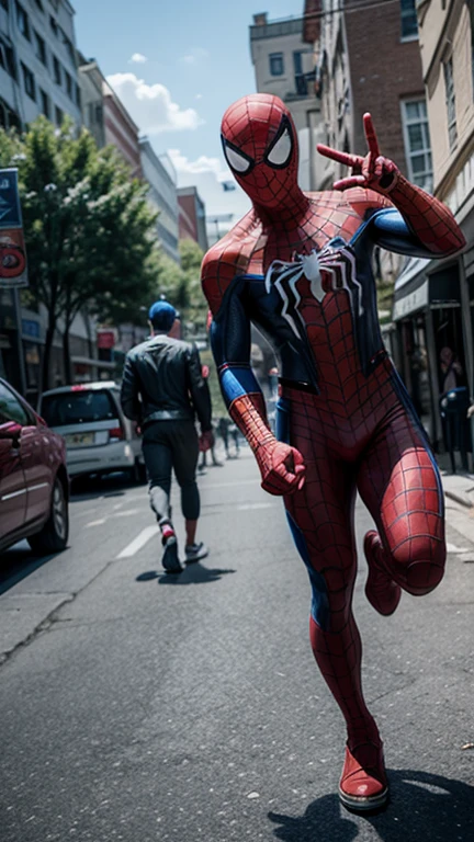 Girl with dark skin, light brown eyes, half puffy brown, dressed as Spider-Man and a little chubby.