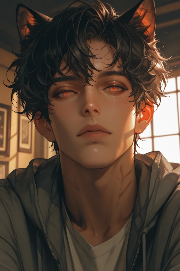 A masterpiece of the highest quality and the finest beauty, featuring a man with a scratch on his eye (1.2), His eyes are red, the shape of his pupils is lined like an animal.