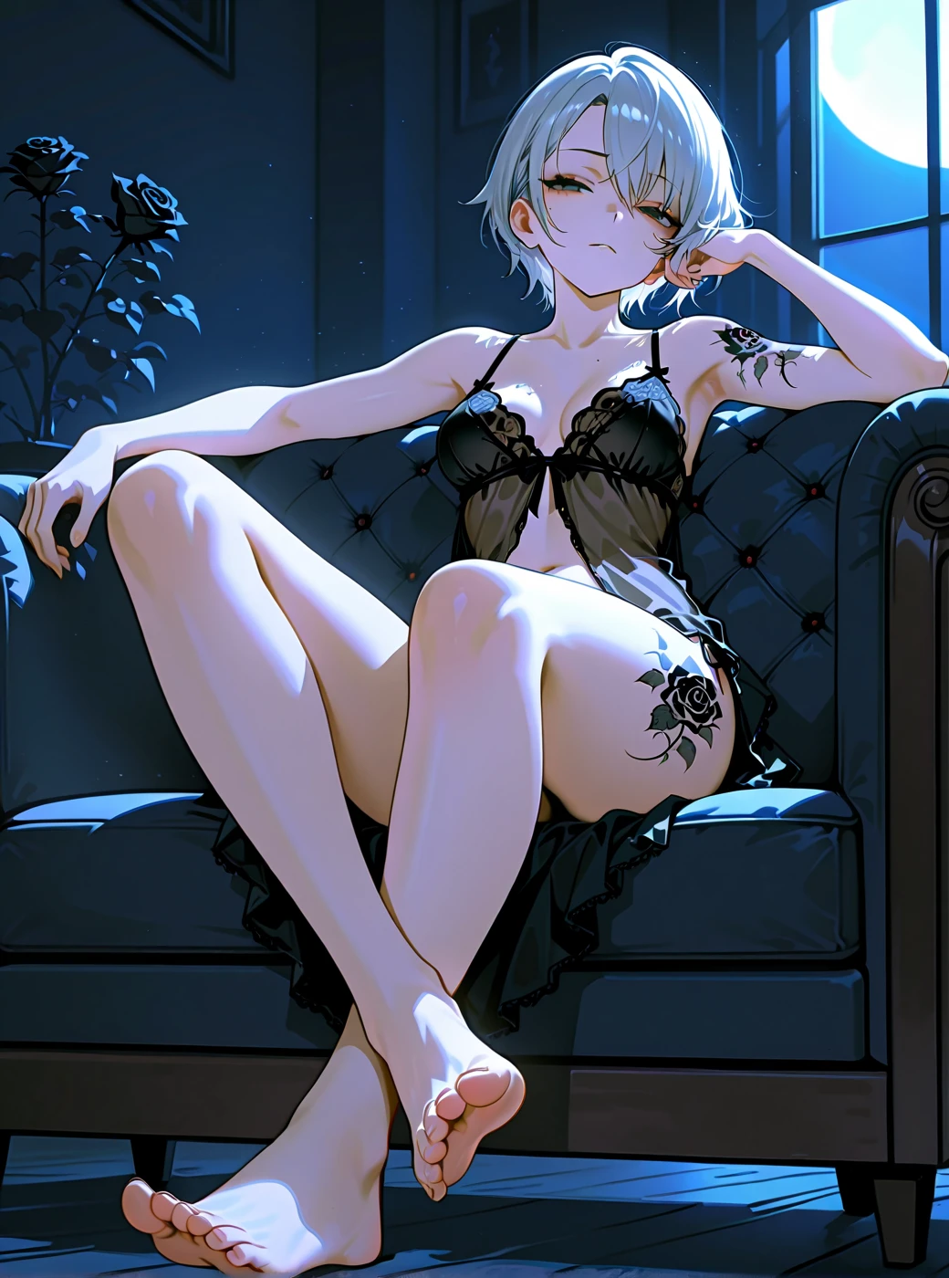 (Highest quality, 8K, masterpiece, Best image quality, Ultra HD, Delicate and smooth skin, Realistic Skin, Perfect and beautiful face ,Perfect and pretty face, Skin with attention to detail, Perfect limbs, Narrow waist、Thin legs), black lace thong, Wicked Smile, Silver Hair, Very short hair,