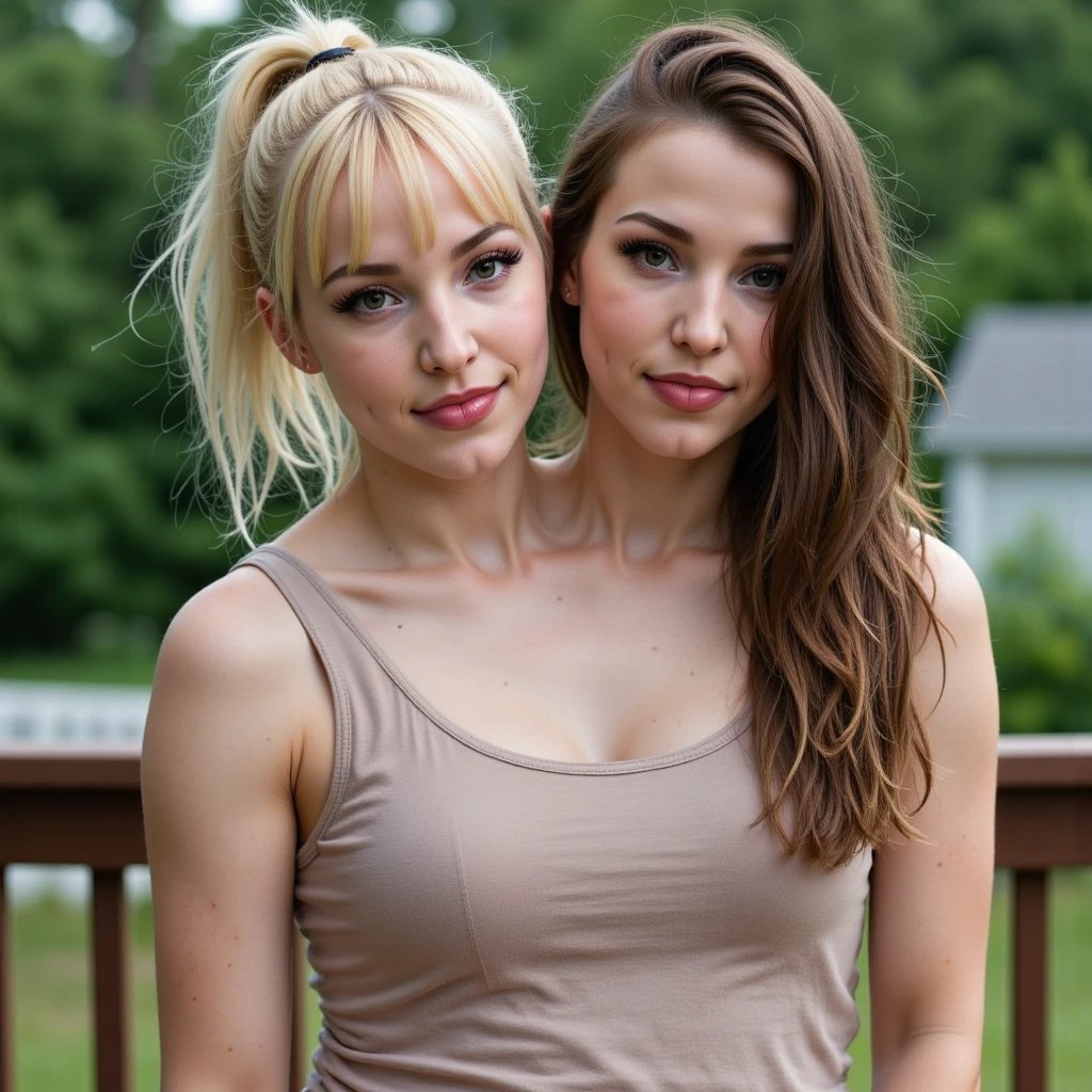 2heads, (1head:1.5 child), (1head:1.5 young adult) (one torso:1.5), pale skin, pale Scottish genetics, white girls, different ages, (two heads on one body:1.4), (first head uncomfortable:1.5), (second head unhappy:1.5) conjoined twins, heads side by side, one torso, young, realistic faces, lifelike faces, uncomfortable, barefoot