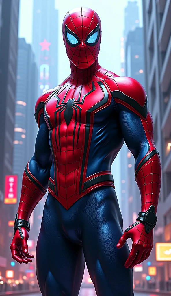 Spiderman,Realist,Hyperrealism, Exercise muscles,With textured saturated red and blue gags. And a jacket over the suit