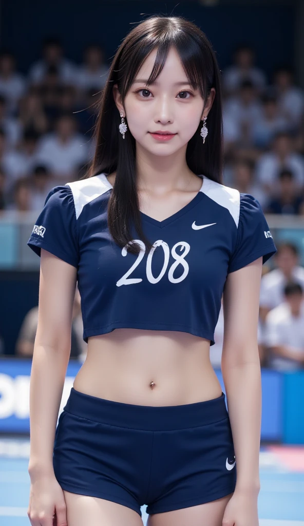 foreshortening,zoom up,(((masterpiece:1.2))), accurate, retina, anatomically correct, textured skin, ((super detail:1.2)), high quality:1.2, high details, ((best quality:1.2)), highres:1.2, 8K,(Detailed very beautiful face:1.4),(Very beautiful eye for detail:1.4),(Super detailed beautiful face:1.4),(Super detailed beautiful body:1.4),Cute Japan girl,((Naturally large breasts)),(Detailed tennis players,athlete,Gymnast、新Gymnast、Swimmers、Volleyball player、ビーチVolleyball player、Track and field athlete,synchronized athlete),One person,Olympic Venues,World Championship,(Ultra-detailed player uniforms,background,design,tool,make,object,Scene during the interval,Post-exercise facial expression,Skin color after exercise,Sweaty skin:1.1)、full body,pussy line