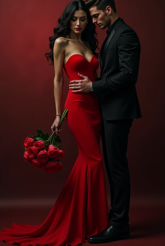 An image of a tall, beautiful, dark-haired, white-skinned girl in a long, bright red dress that clings to her body and her small waist. Beside her stands a handsome, tall, dark-haired, very muscular man in an elegant suit, while he holds the girl by the waist. In the background of the image is a black background with red lighting around the edges and red petals in the background.