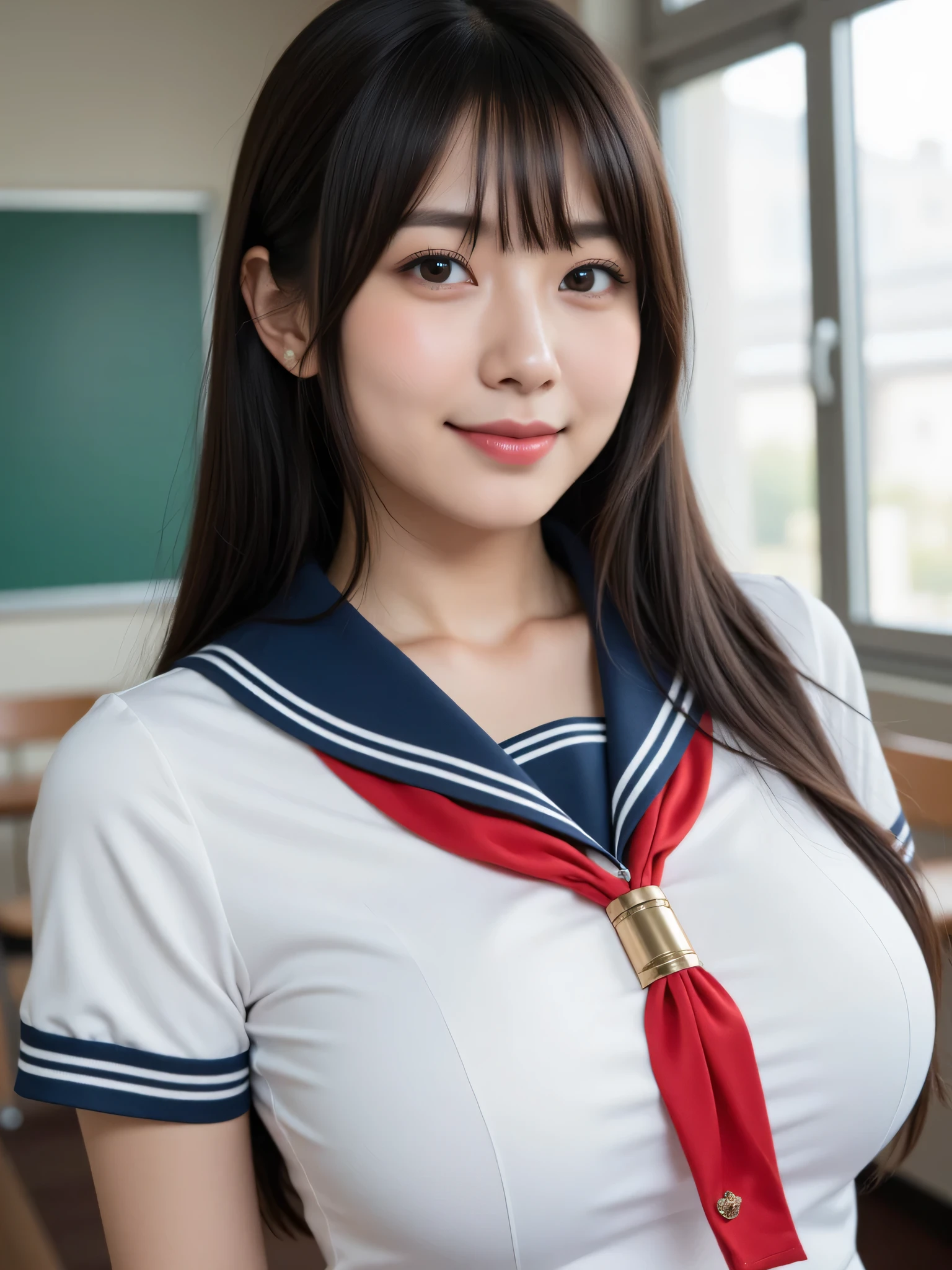 japanese cute idol, Japanese cute girl, kawaii, a pretty woman is posing at the school class room , 1girl, solo, realistic, smile, school uniform, long hair, black hair, nsfw, masterpiece, best quality, hyper detailed, insanely detailed, 16k, japanese , cute, kawaii, photorealistic, Realism, raw photo, real person , 1girl, solo, black hair, long hair, breasts, realistic, model posing