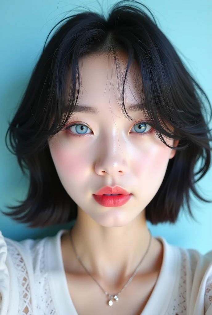 Create a Korean photocard style image, of a Korean girl with douyin makeup taking a selfie and posing cute, Who has black hair , smooth and short, And the eyes with the blue iris. 