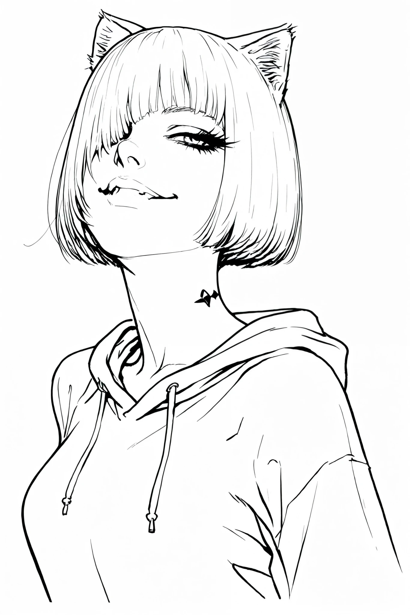 monochrome, greyscale, Line art, lineart, Timbrook, HDR, 8K, high contrast, masterpiece, best quality, amazing quality, very aesthetic, anime artstyle, realistic, newest,
BREAK
monochrome, greyscale, Line art, lineart, Timbrook, very high angle shot, looking up at viewer
BREAK
1girl, white hair, beauty mark under one eye , head tilted back , large eyelashes, medium breasts , portrait , torso shot , bob cut , hoodie, shoulder length hair , slicked back from the right side , hair over left eye . cat ears, smug smile