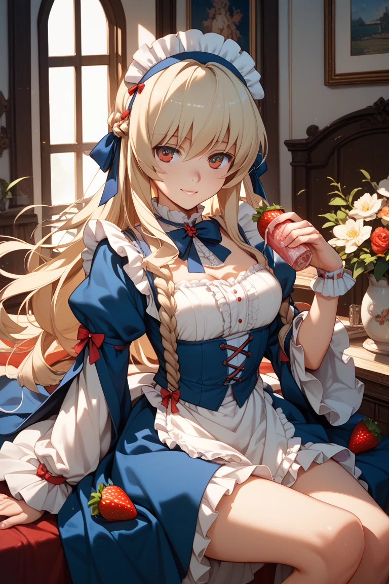 masterpiece, high res, detailed face, detailed eyes, anime screencap, 1 girl, medium breasts, blonde hair, blue eyes, messy hair, red ribbon, blue dress, apron, blue cape, white black striped high stockings. full body, sitting, tea party, holding tea cup, closeup, indoors <lora:Alice:0.9>