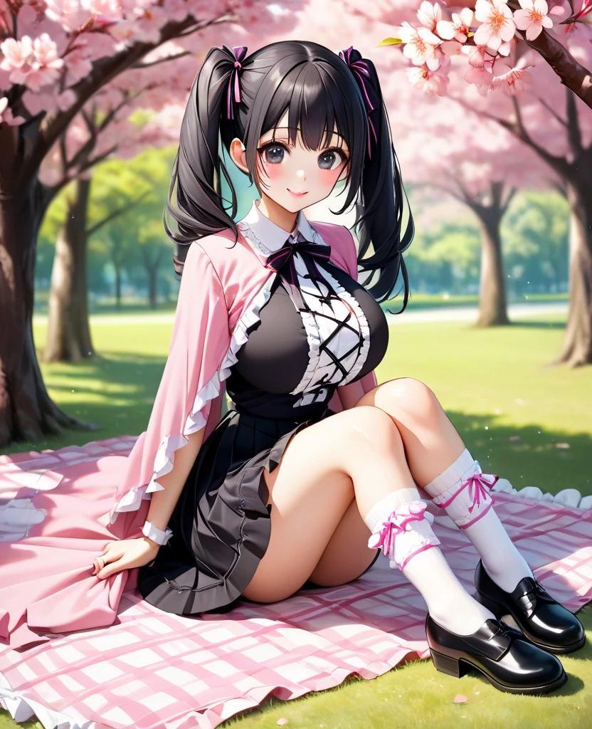 Young Asian woman, 23 years old. Busty. Double D cup, only 1 female, ((doll-like appearance)), long neon pink stylish hair, ((shiny Victorian-Style boots)), beautiful smile, ultra detailed eyes, vivid eye makeup, lip gloss, long lashes, defined eyebrows, ((sexy Paradise Kiss cosplay)), bell-shaped skirt, petticoats, high neckline, puffed sleeves, (( ultra detailed lace)), ((ultra detailed embroidery)), intricate details, choker, ((large sparkling Paradise Kiss)), cinematic light, detailed large park background with trees