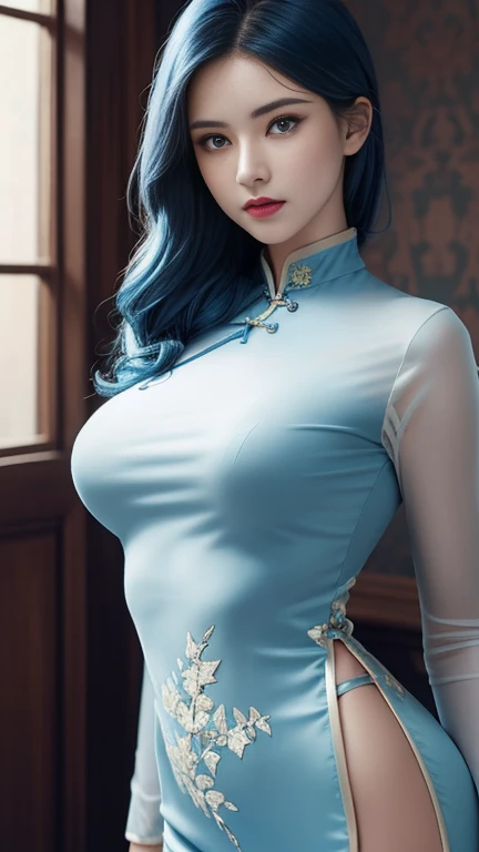(Hyperrealistic), (illustration), (high resolution), (8K), (Extremely detailed), (Best Illustration), (Beautiful detailed eyes), (Best quality), (Ultra-detailed), (Masterpiece), (the wallpaper), (Photorealistic), (Natural light), (rim lit), (Detailed face), (Highly detailed realistic skin textures), (Anatomically correct), (Solo), (1 girl), (high detailed realistic hair), (Blue hair:1.2), spiked hair, (Heterochromic eyes), (detailed green eyes), (Small moles under the eyes), (Realistic big breasts:1.5), (Exposed breasts:1.3), (Long legs), (Slender abs), (Dynamic pose), (Closed mouth:1.3), (traditional cheongsam outfit), (Sheer clothes:1.5), NSFW,nakeness