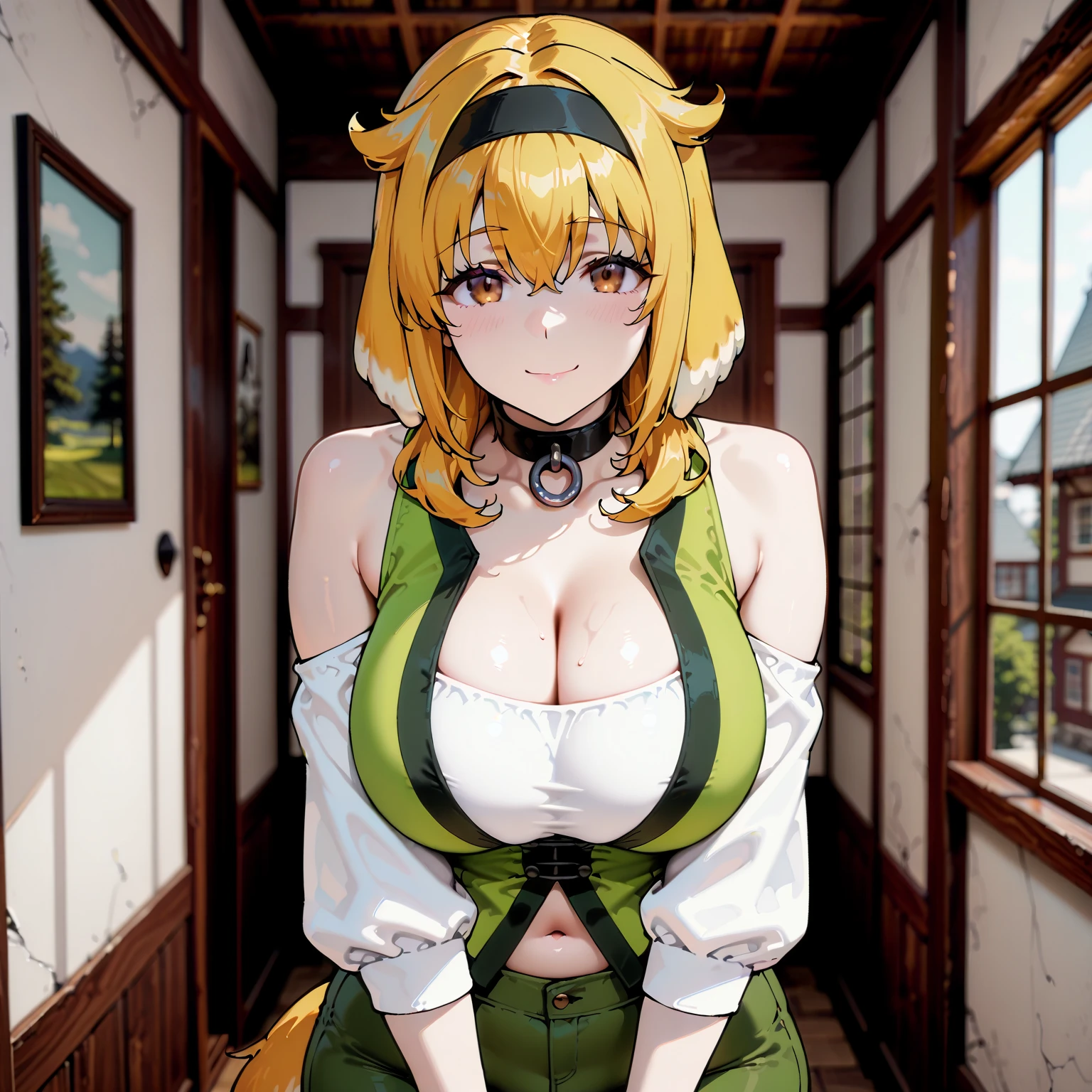 ((Highest quality)), ((masterpiece)), (detailed), （Perfect Face）、The woman is a female Tieryu Hatt from the Slug Alien Hat Clan, a slug-shaped alien with green eyes and medium-long blonde hair.