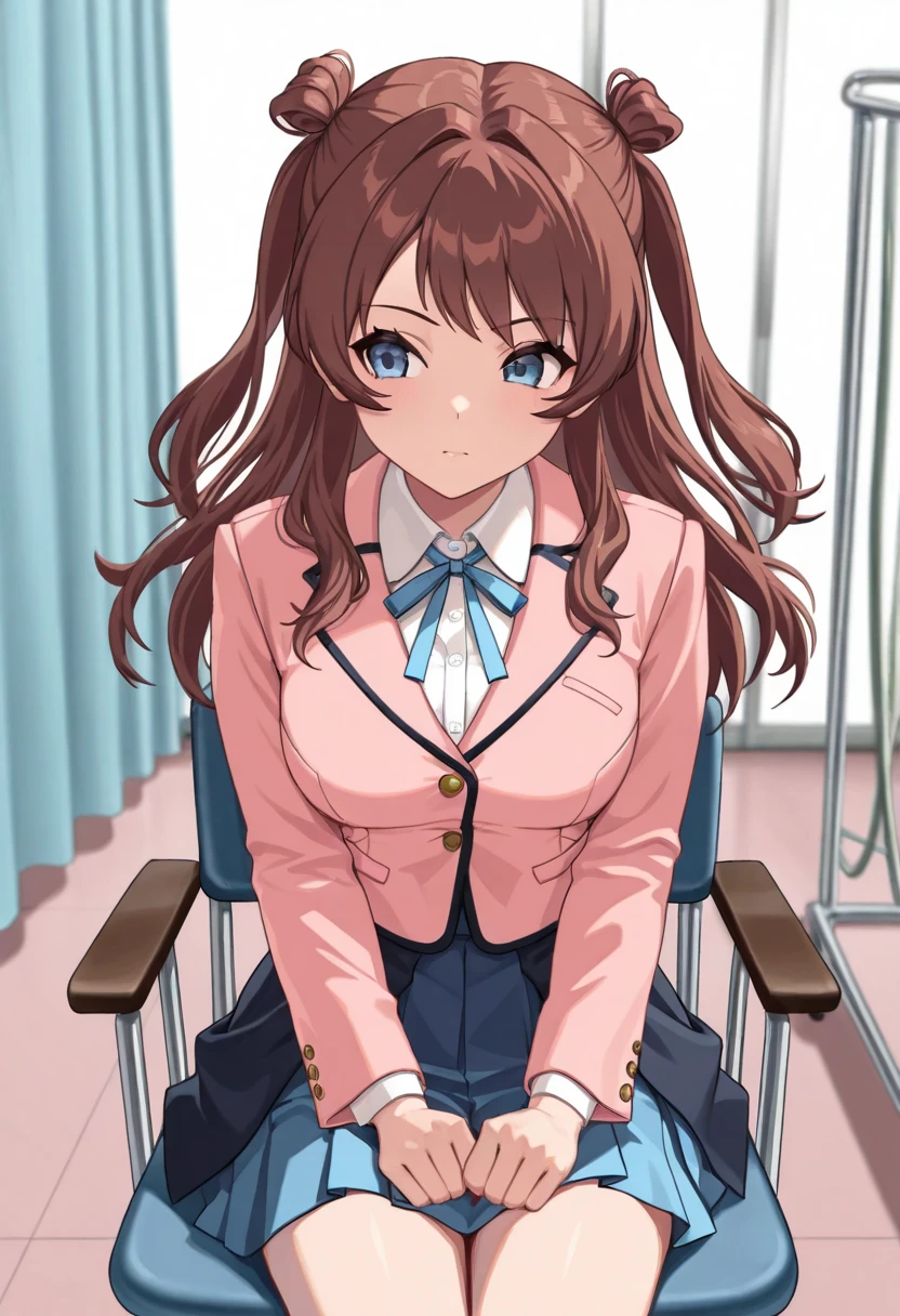 (masterpiece, ultra high definition, 16k, RAW photo, intricate), sharp focus, crisp details, 1girl , (sakihanami), Infirmary, sitting chair, (cowboy shot), brown hair, long hair, hair bun, double bun, two side up, blue eyes, medium breasts, school uniform, blazer, (pink jacket), white shirt, collared shirt, neck ribbon, blue ribbon, blue skirt, pleated skirt, overskirt, (simple background), blur the background