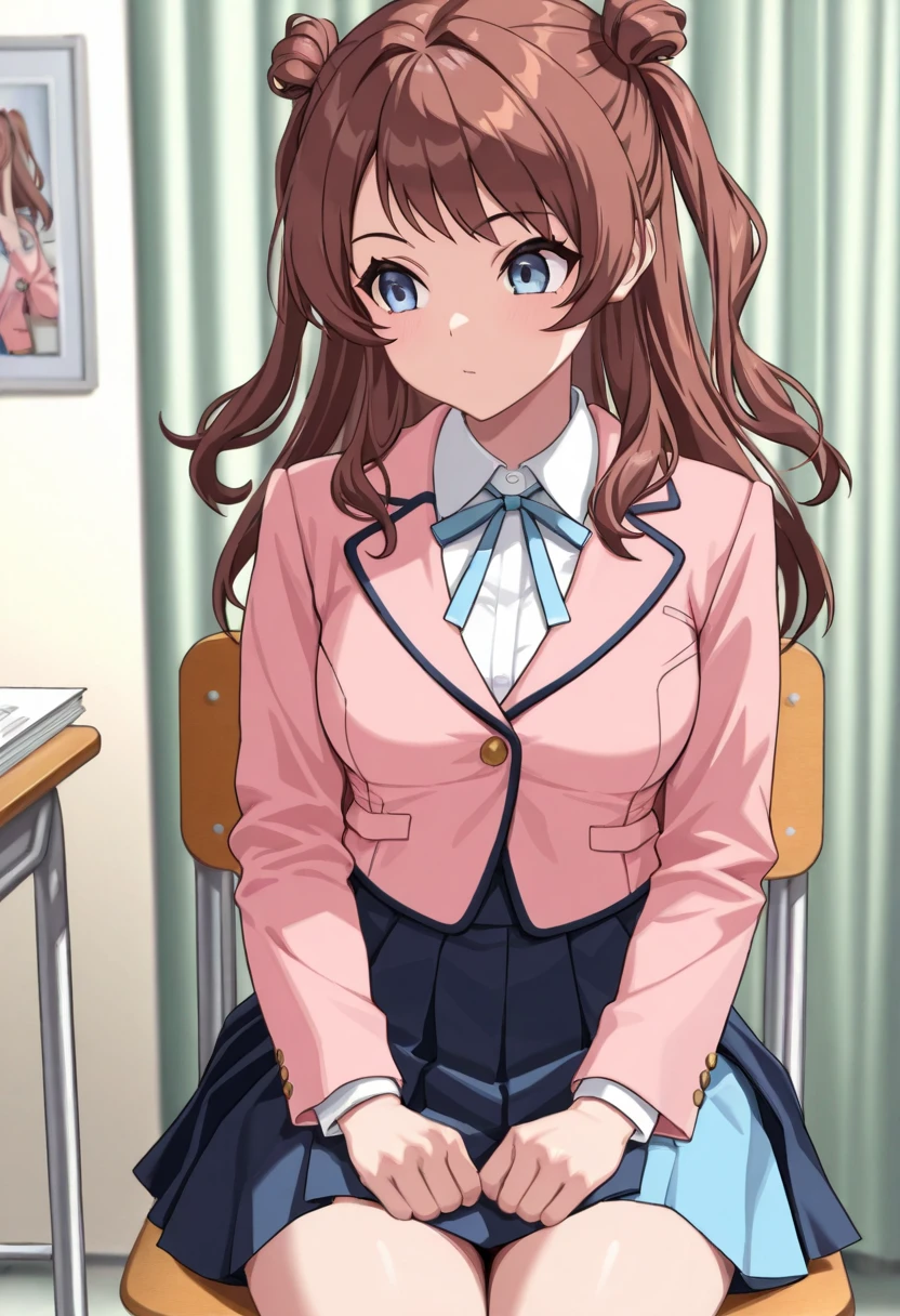 (masterpiece, ultra high definition, 16k, RAW photo, intricate), sharp focus, crisp details, 1girl , (sakihanami), Infirmary, school chair,, sitting chair, (cowboy shot), brown hair, long hair, hair bun, double bun, two side up, blue eyes, medium breasts, school uniform, blazer, (pink jacket), white shirt, collared shirt, neck ribbon, blue ribbon, blue skirt, pleated skirt, overskirt, (simple background), blur the background