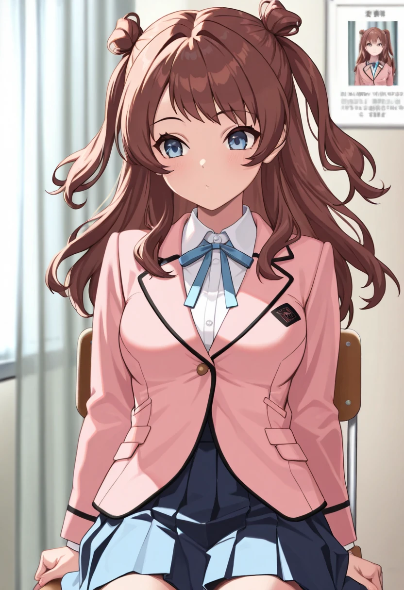 (masterpiece, ultra high definition, 16k, RAW photo, intricate), sharp focus, crisp details, 1girl , (sakihanami), Infirmary, sitting chair, (cowboy shot), brown hair, long hair, hair bun, double bun, two side up, blue eyes, medium breasts, school uniform, blazer, (pink jacket), white shirt, collared shirt, neck ribbon, blue ribbon, blue skirt, pleated skirt, overskirt, (simple background), blur the background