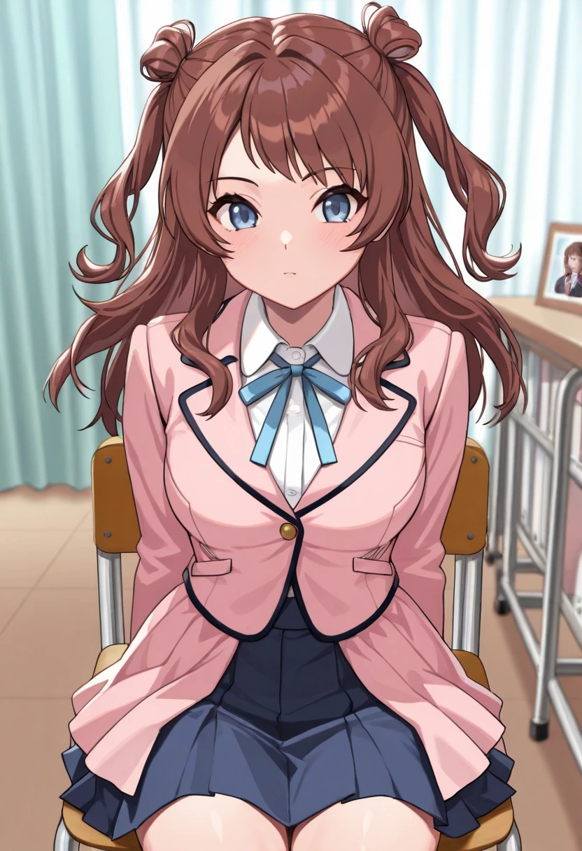 (masterpiece, ultra high definition, 16k, RAW photo, intricate), sharp focus, crisp details, 1girl , (sakihanami), Infirmary, school chair,, sitting chair, (cowboy shot), brown hair, long hair, hair bun, double bun, two side up, blue eyes, medium breasts, school uniform, blazer, (pink jacket), white shirt, collared shirt, neck ribbon, blue ribbon, blue skirt, pleated skirt, overskirt, (simple background), blur the background