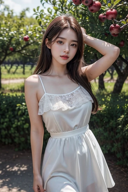 raw photo, 8k, (top-quality), Realistic, (real picture, Intricate details), (natural skin texture, detailed skin), (Japanese teenage girl standing in foggy forest), ((white dress, lace dress, sleeveless)), (((flat chest:1.5))), (pale skin), ((bun hair, bangs)), (seductive face, provocative look, Parted lips:1.3, blush), thighs, natural lighting, Full body shot