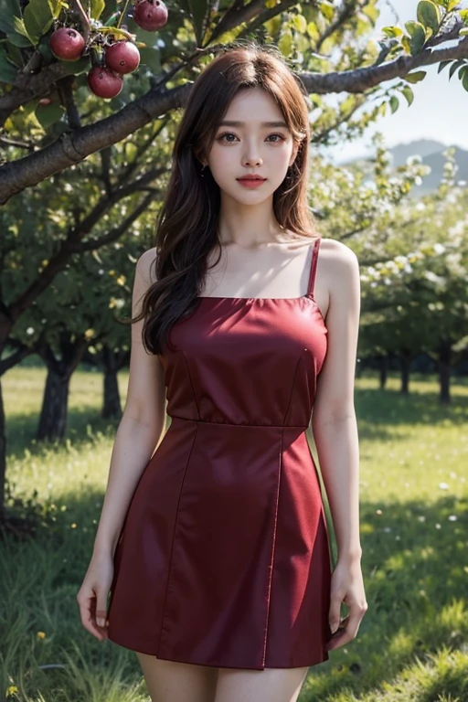 masterpiece, RAW photo, best quality, photorealistic, extremely detailed CG unity 8k wallpaper, Depth of field, Cinematic Light, Lens Flare, Ray tracing, best quality, 4k, 8k, Detailed faces, clear face, pretty girls, Korean makeup, Red lips, laugh, perfect body, Perfect Young breasts, Beautiful knee length Red Frock, View of orchards, fruit trees, many Fruit trees in Orchards , Standing in front of Big Fruit Tree, slightly open mouth, k, 