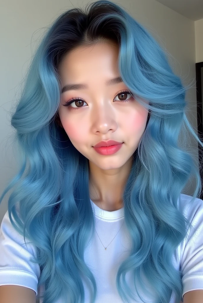 Create a Korean photocard style image, of a Korean girl with douyin makeup taking a selfie and posing cute, who has light blue hair , curly and long, The very dark skin and the eyes with the lilac iris. 