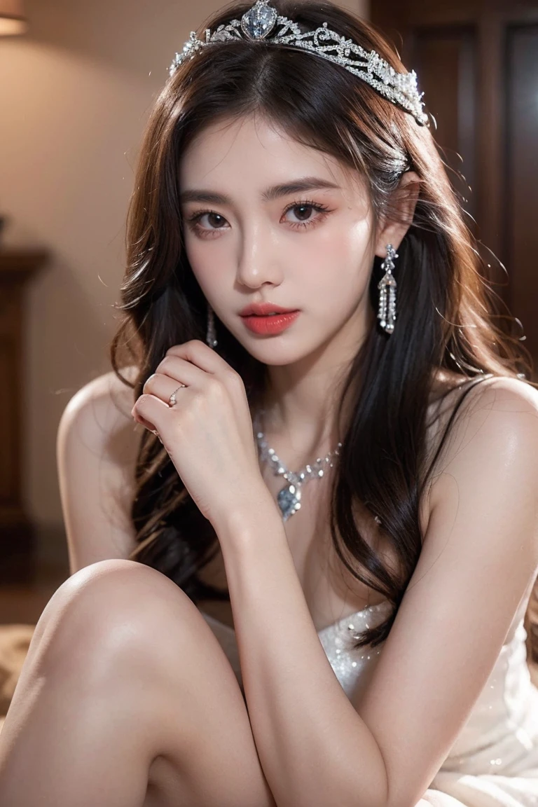 Top CG, Highest image quality, masterpiece, Gentle and beautiful girl, (185cm美女), (fit), Imperial sister, Queen temperament, White skin, ((Long legs)), perfect facial features, Bright Eyes, Seductive pose, Red lips, Beautiful and cold (A major breakthrough)), Beautiful and heroic, Soft and long hair, sparkling, Lace, net, Visible through clear skin, wear glasses, diamond earrings, ruby neckLace, (Purple evening dress), 8K Image Quality, (Realistic Portraits), Characters fill the screen, (Facial lighting), ((eternity)